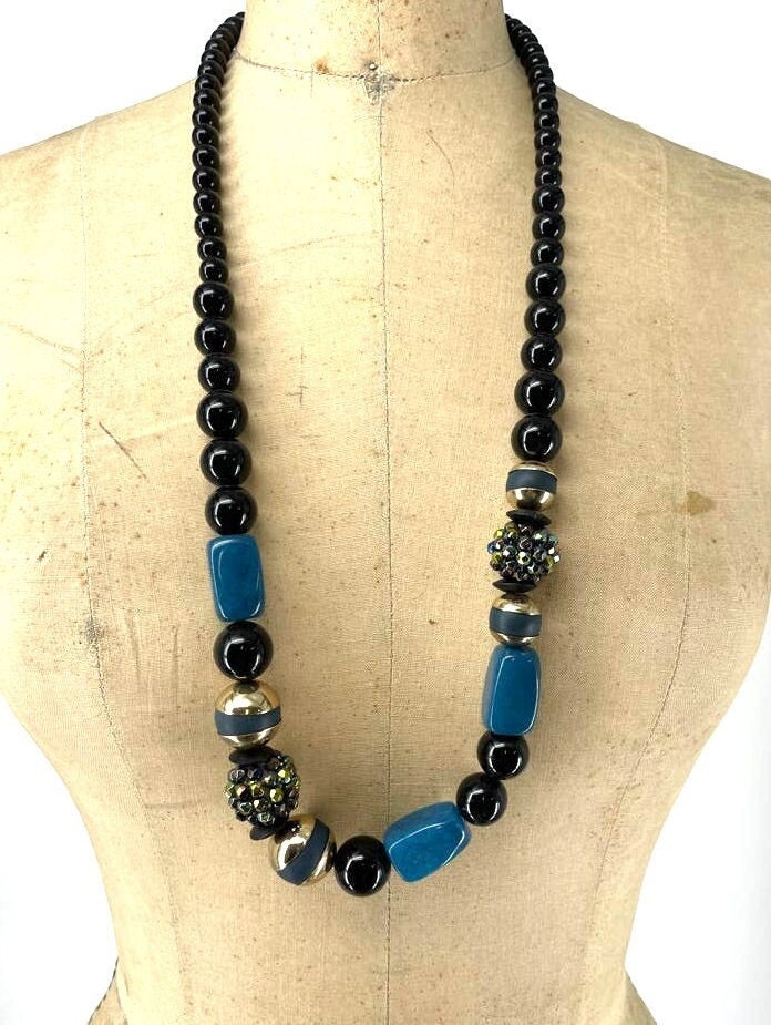 Coldwater Creek Black Graduated Bead Blue Gold Tone Rhinestones Necklace Graphic Tee – Bold Style · Top Pick For Any Outfit