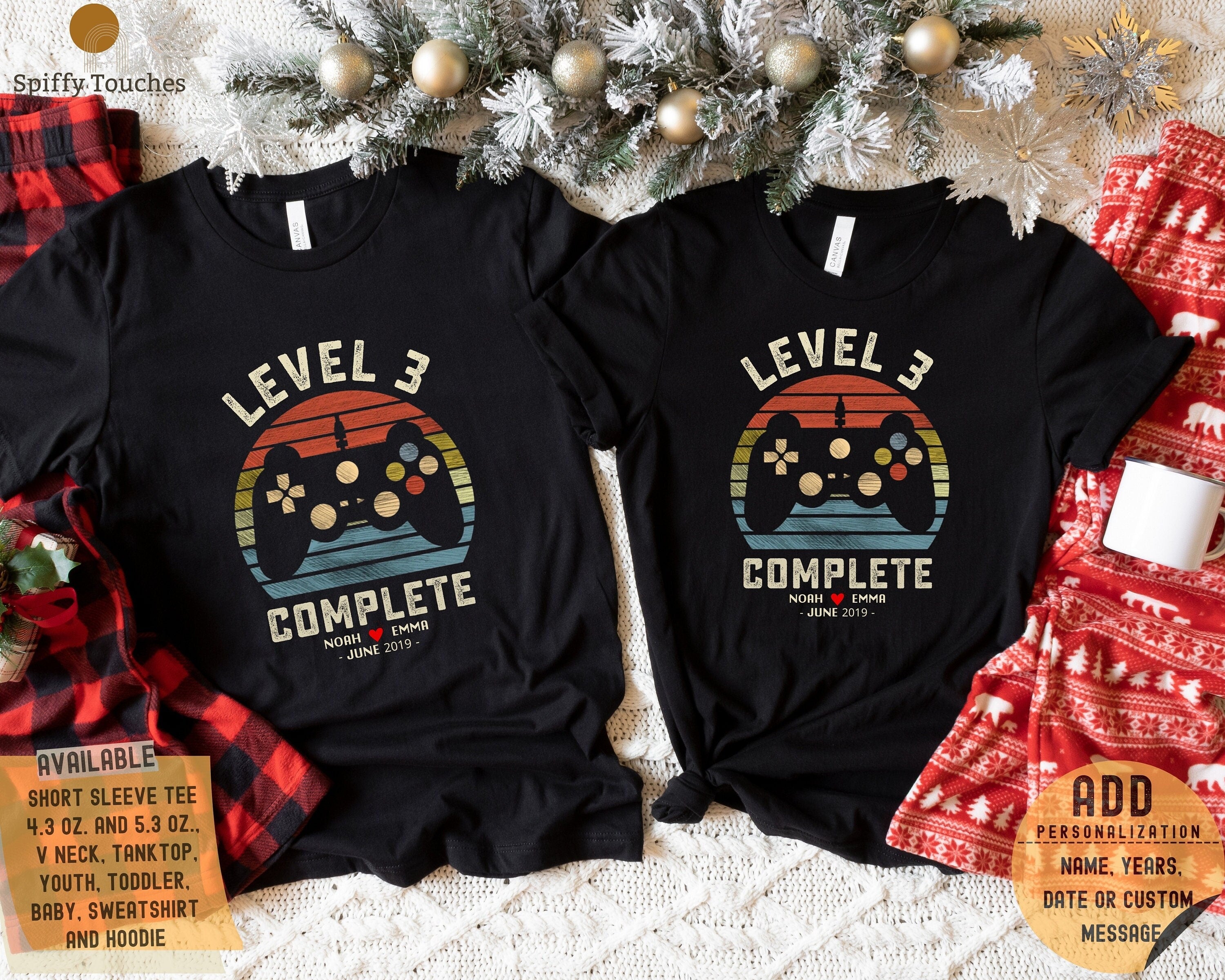 3rd Anniversary Gift For Husband Wife Gamer Husband Gift Level 3 Complete Personalization 3 Year Anniversary Gift Retro Video Game Shirt Graphic Tee – Premium Graphic · Trending Graphic Apparel