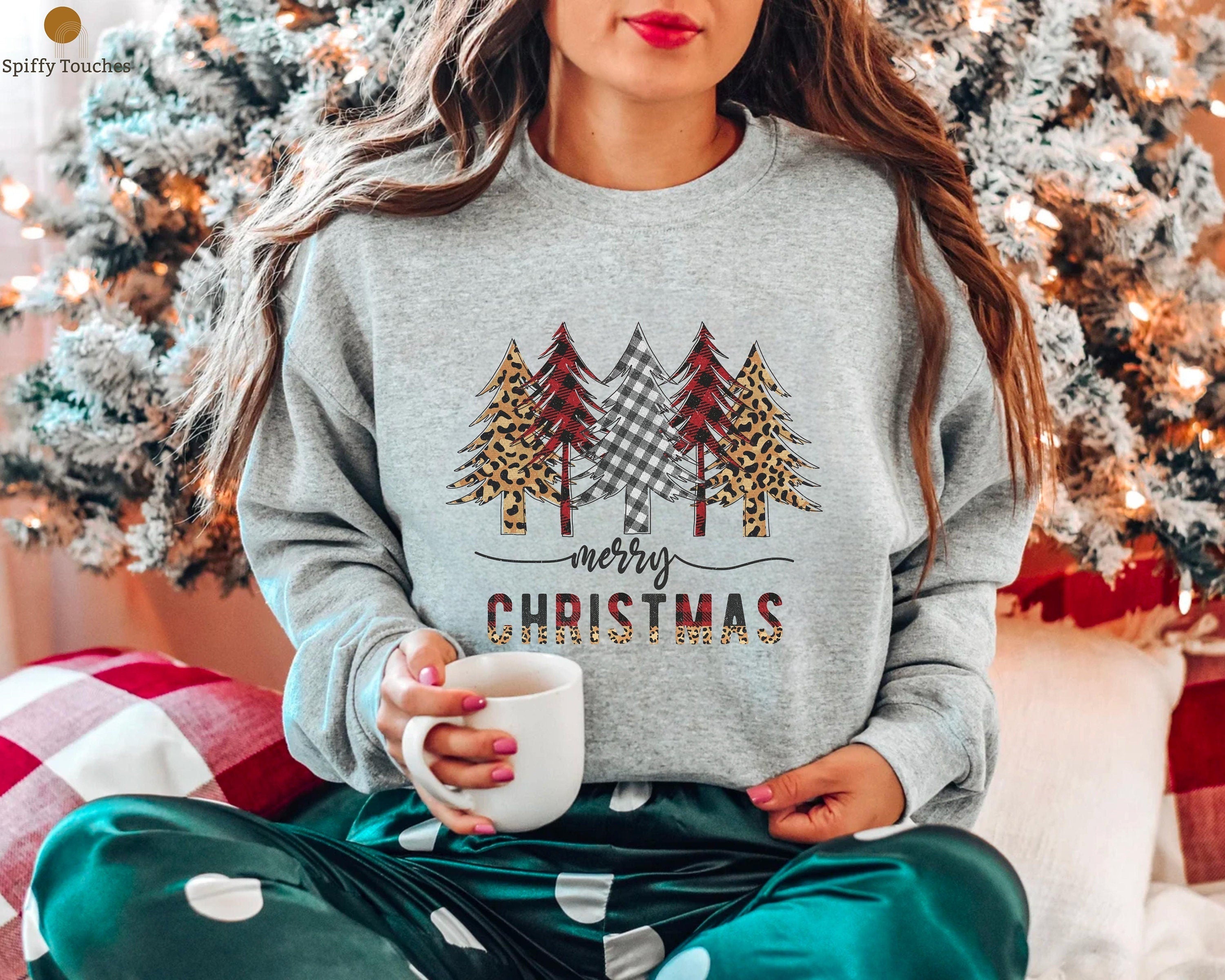 Holiday Fashion Funny Christmas Sweater Holiday Apparel Women Christmas Shirt Leopard Print Buffalo Plaid Trees Christmas TreeFestive Tee Graphic Tee – Feel-Good Design · Perfect For Daily Wear