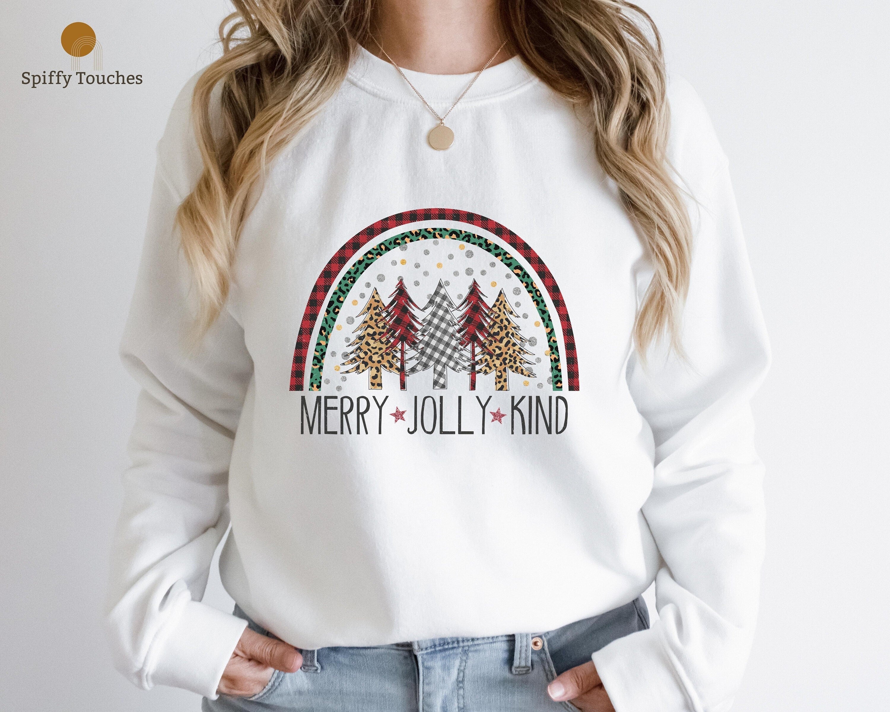 Merry Jolly Kind Holiday Fashion Funny Christmas Sweater Women Festive Christmas Shirt Holiday Apparel Christmas Tree Rainbow Sweatshirts Sweatshirt – Cozy Vibes · Great Gift For Fans