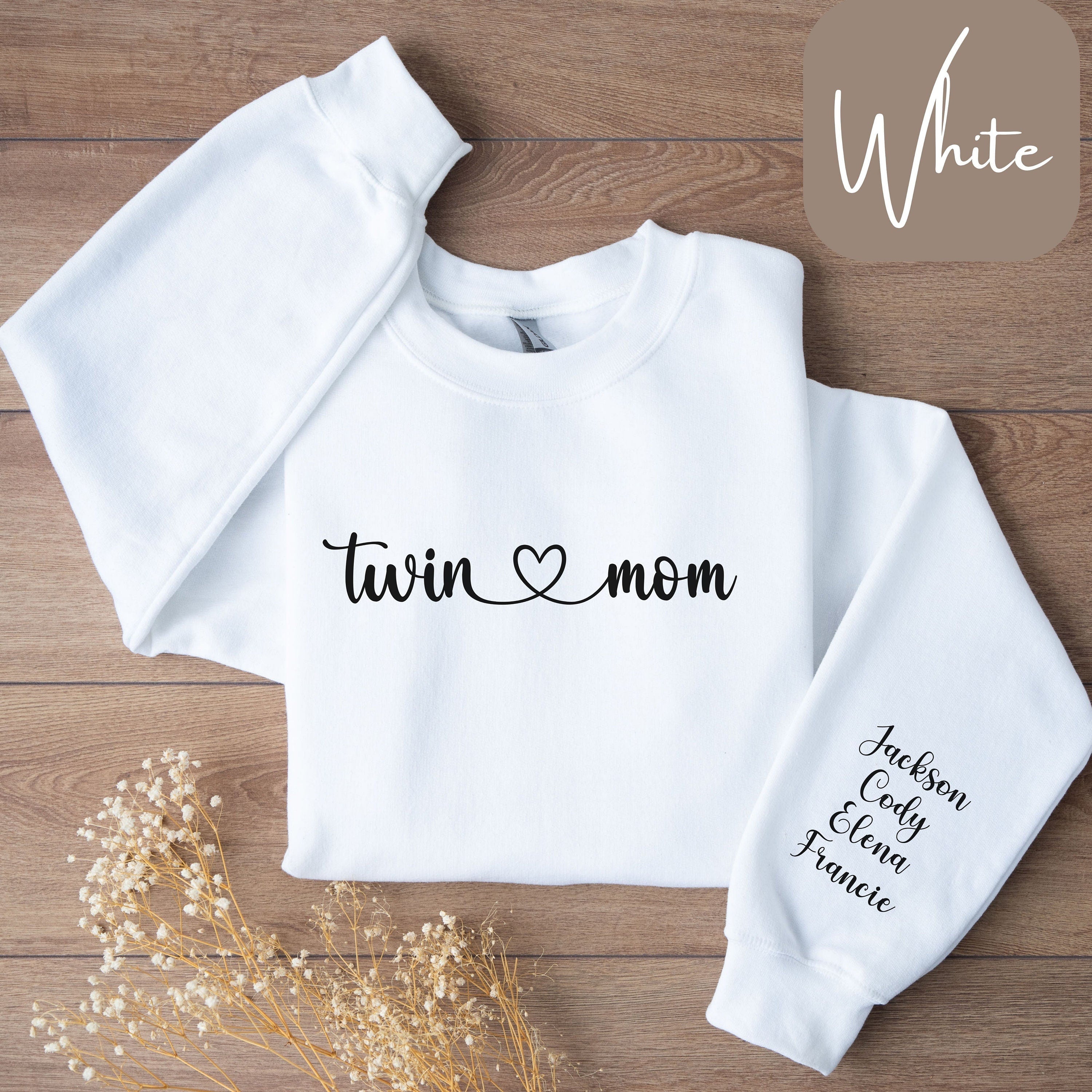 Personalized Twin Mom Sweatshirt or T Shirt Custom Twin Mama Shirt with Kids Names Sleeve Writing Twin Mama Gift Twin Mom Sweatshirt Sweatshirt – Bold Style · Trending Graphic Apparel