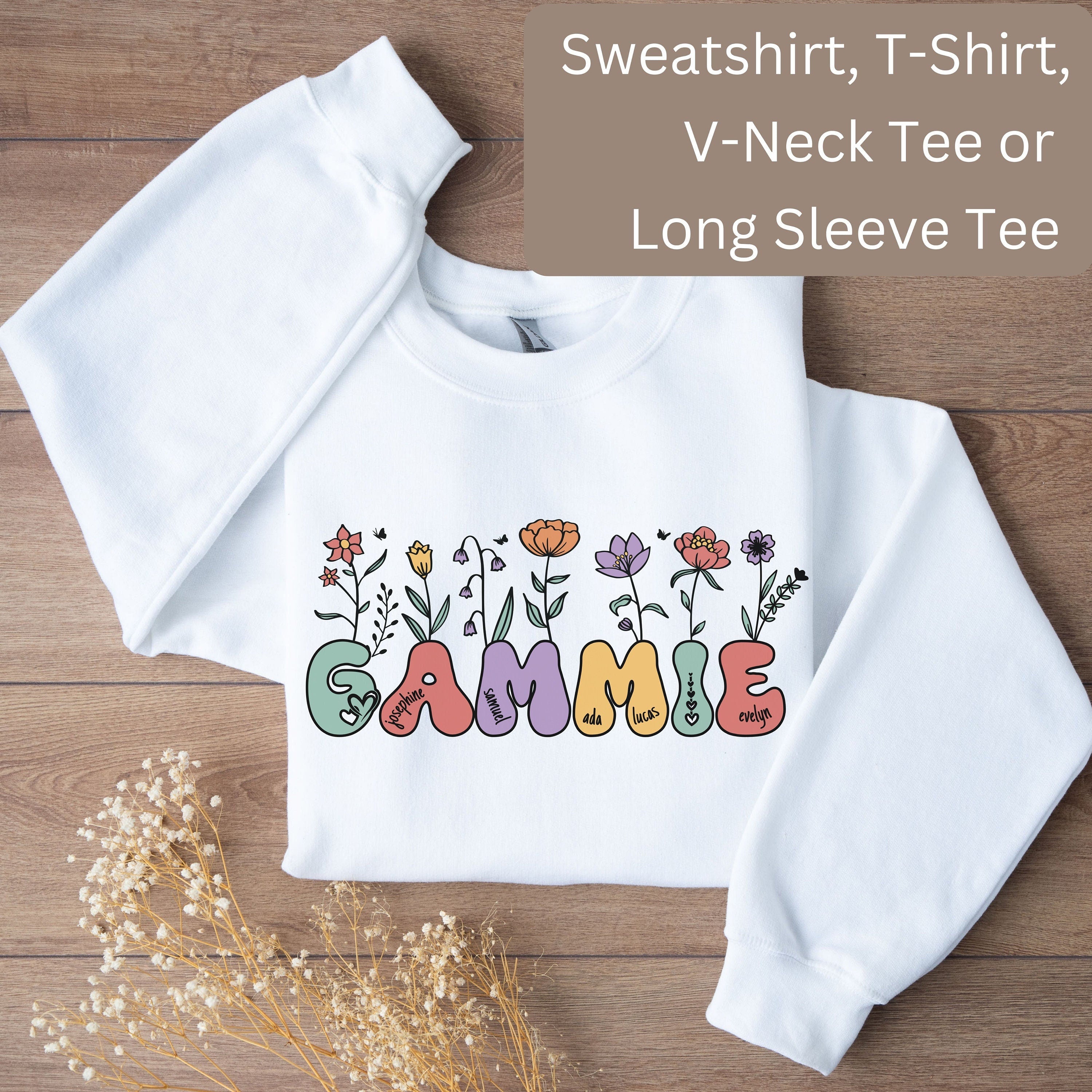 Gammie V Neck Tee T Shirt or Sweatshirt Gammie Long Sleeve T Shirt Gift for Gammie Custom Gammie Shirt with Names Sweatshirt – Premium Graphic · Must-Have Style