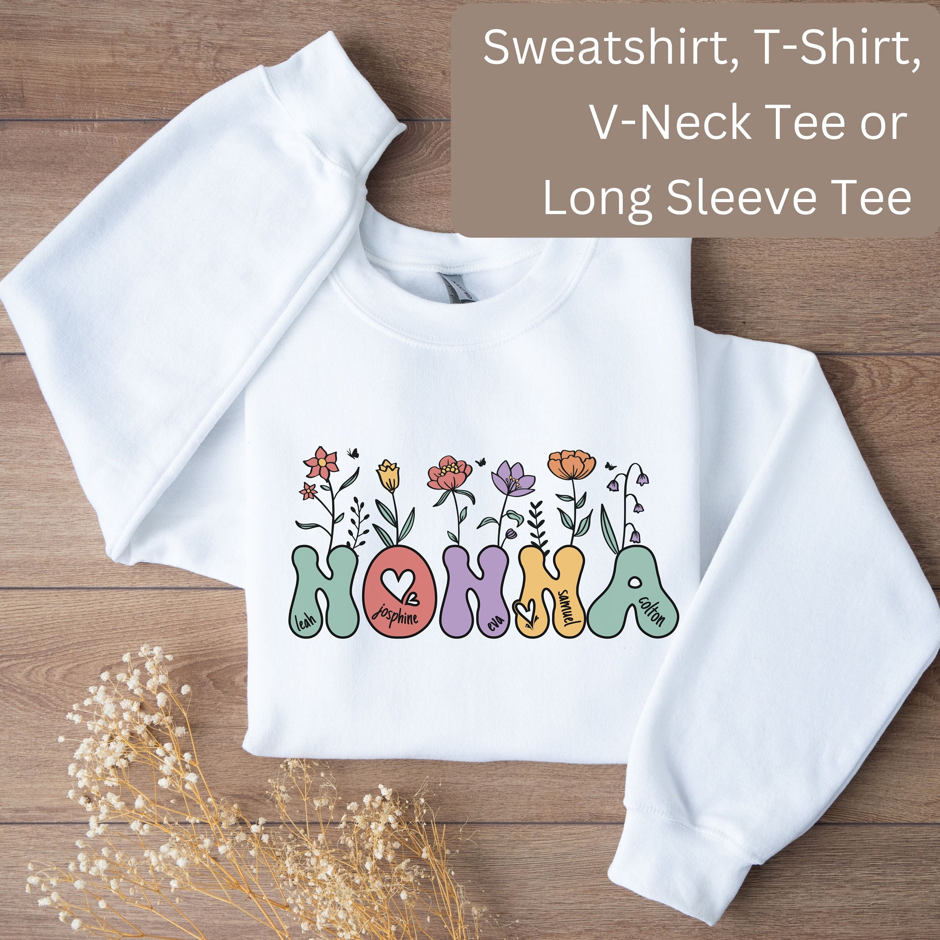 Personalized Nonna V Neck T Shirt or Sweatshirt Gift for Nonna Nonna Long Sleeve T Shirt Custom Nonna Shirt with Names Nonna Wildflower Sweatshirt – Easygoing Wear · Great Gift For Fans