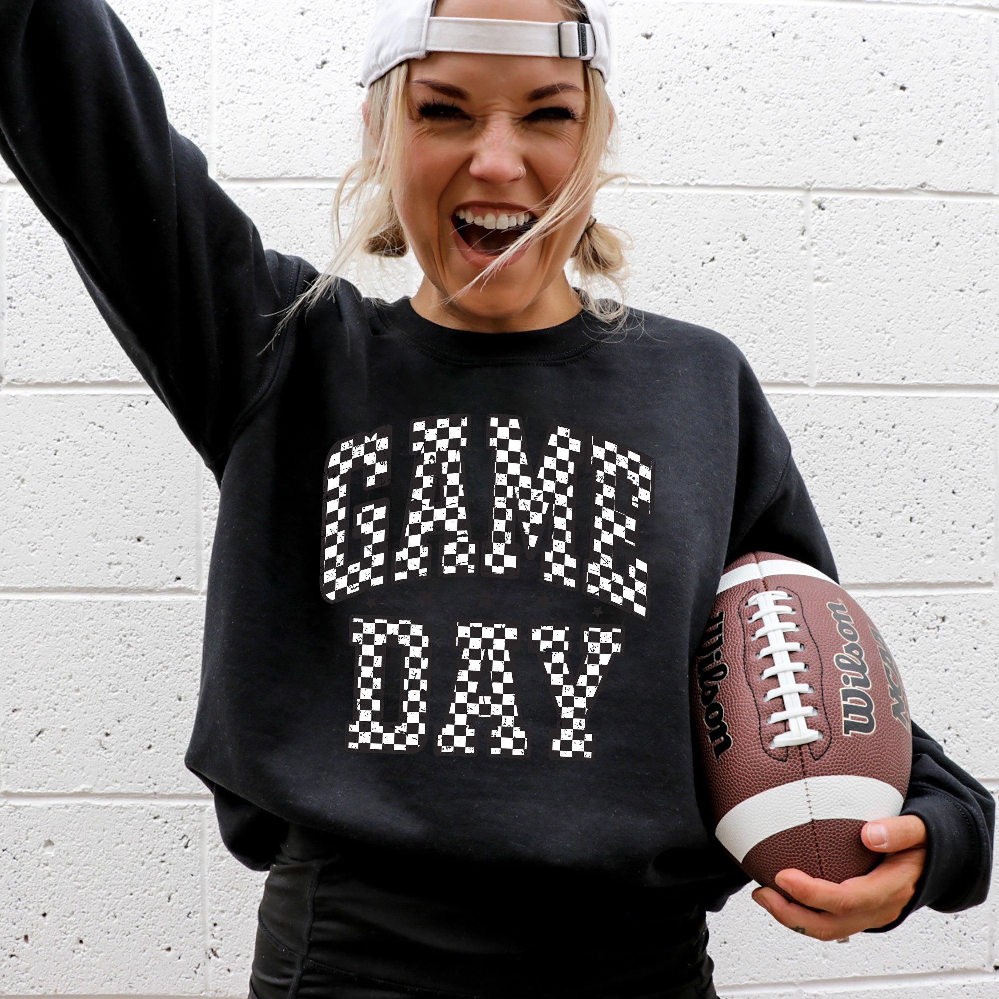 Game Day Checkered Football Sports Big Game Touchdown Tailgate Party Sweatshirt Crew Neck Team Sweatshirt – Cozy Vibes · Perfect For Daily Wear