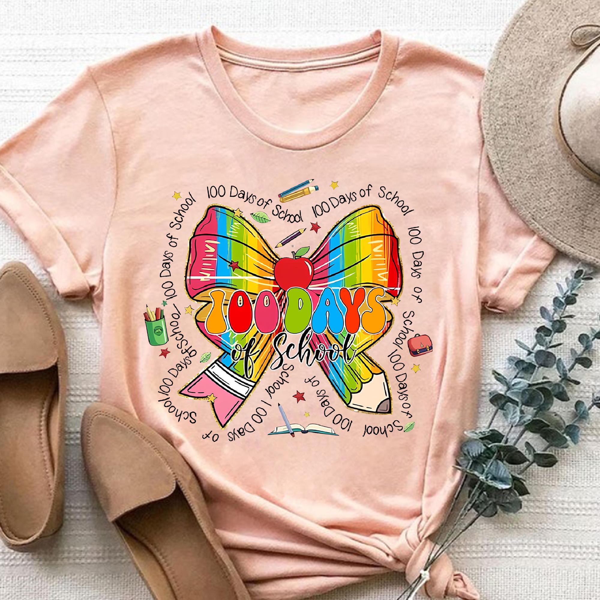 100 Days of School Bow Shirt 100th Day of School Coquette Shirt Pencil Coquette Teacher Shirt Pencil Bow Teacher T Shirt Graphic Tee – Bold Style · Perfect For Daily Wear