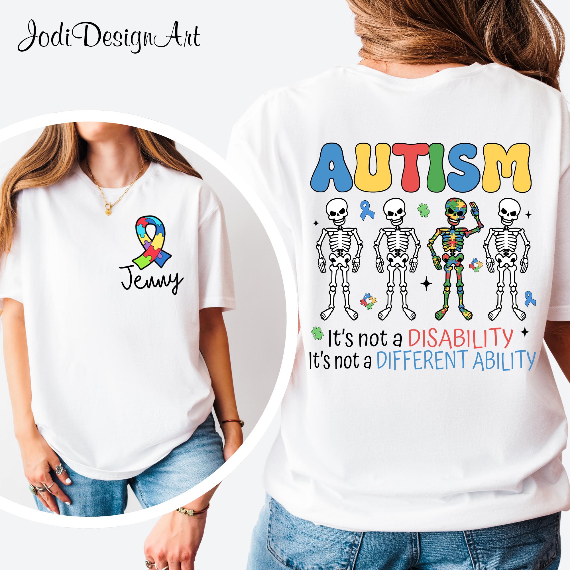 Personalized Autism Shirt It39s Not A Disability Different Ability Dabbing Skeleton Shirt Autism Awareness Autism Ribbon Puzzle Piece Graphic Tee – Cozy Vibes · Trending Graphic Apparel