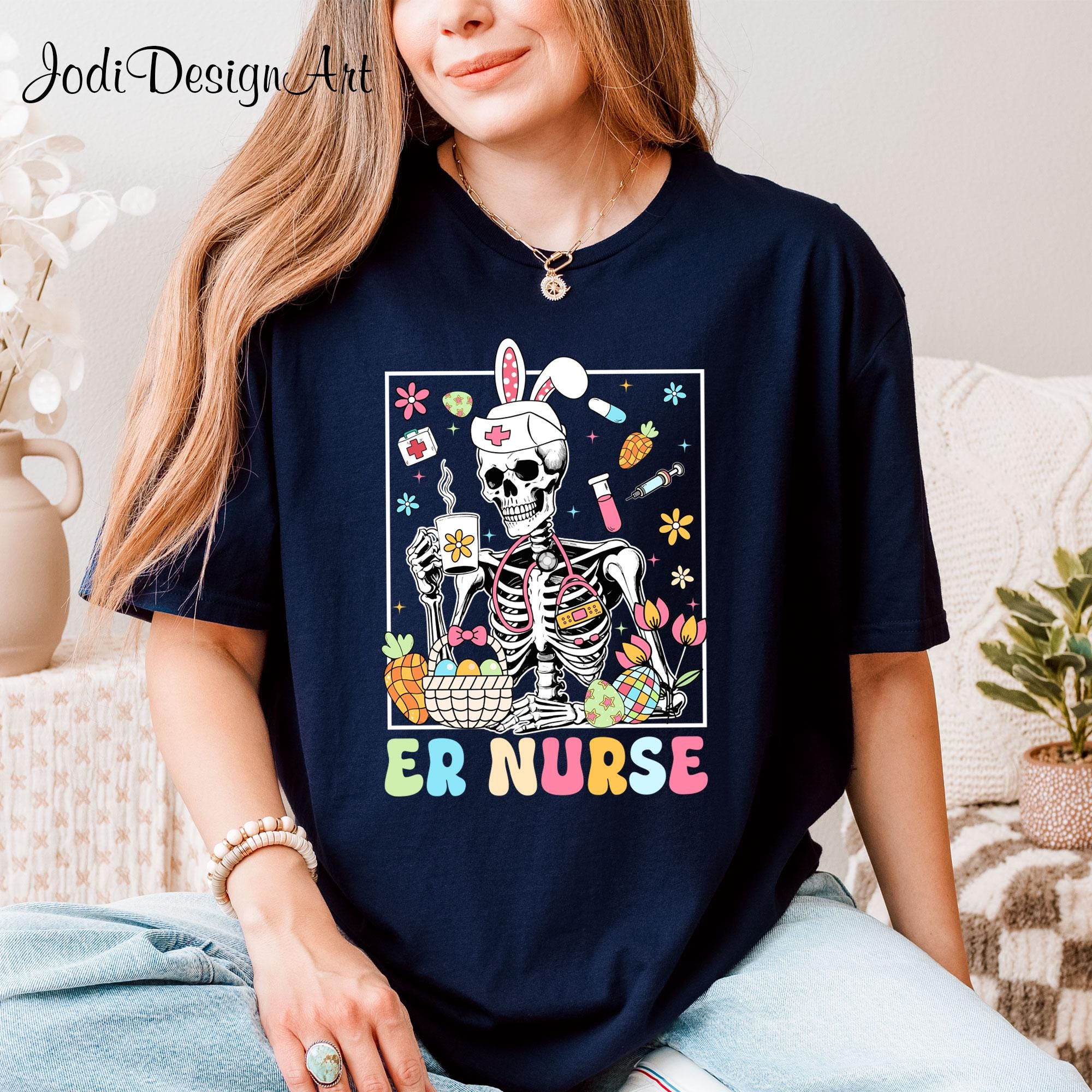 Skeleton ER Nurse Easter Shirt Emergency Department Shirt Er Dept Easter Nurse Shirt ER Nurse Easter Shirt Easter Gift For Nurse Graphic Tee – Warm & Stylish · Trending Graphic Apparel
