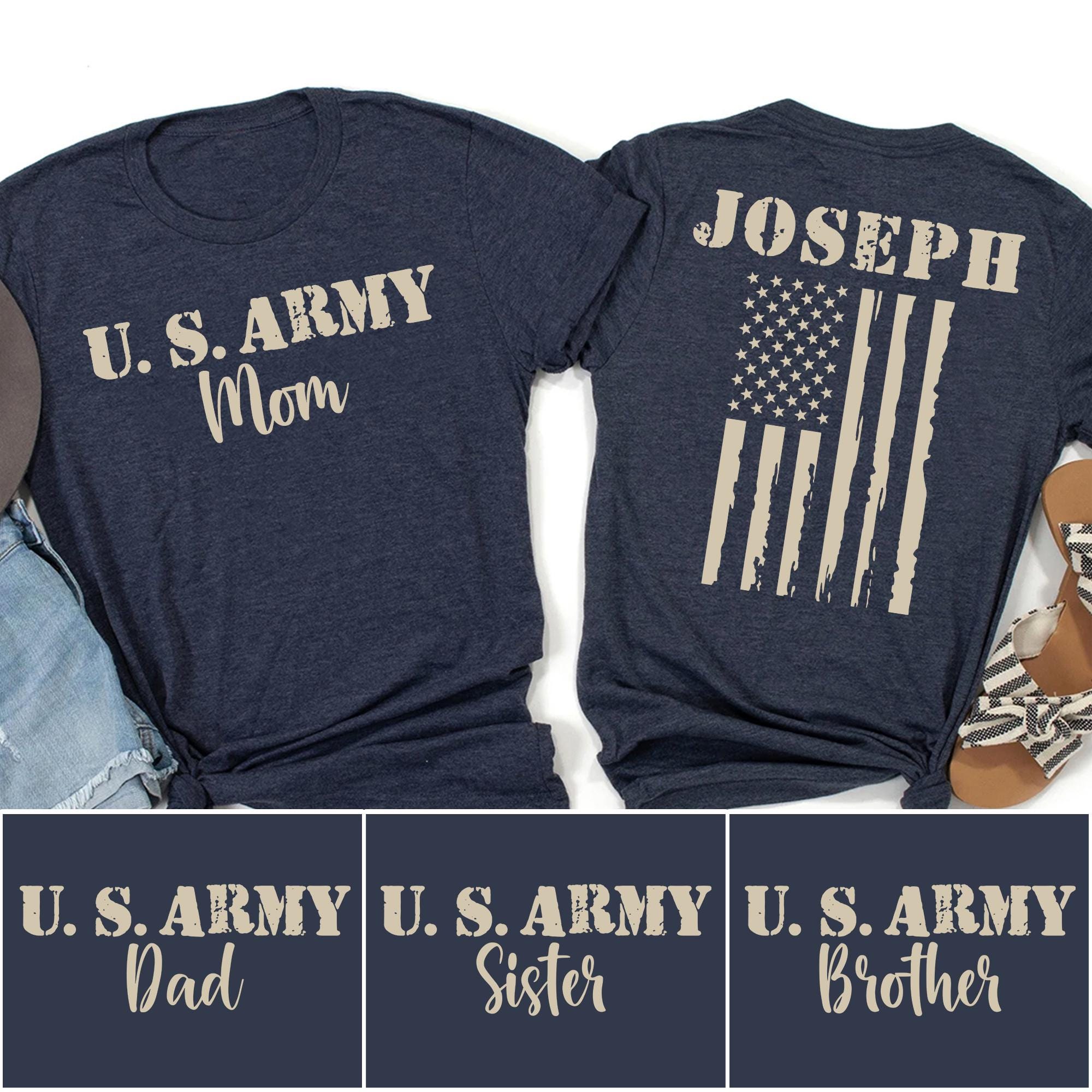 Custom Army Mom Dad Sister Brother Shirts with Dog Tags Proud Army Family Tee Military Support Shirt Boot Camp Graduation Gift Idea Graphic Tee – Warm & Stylish · Trending Graphic Apparel